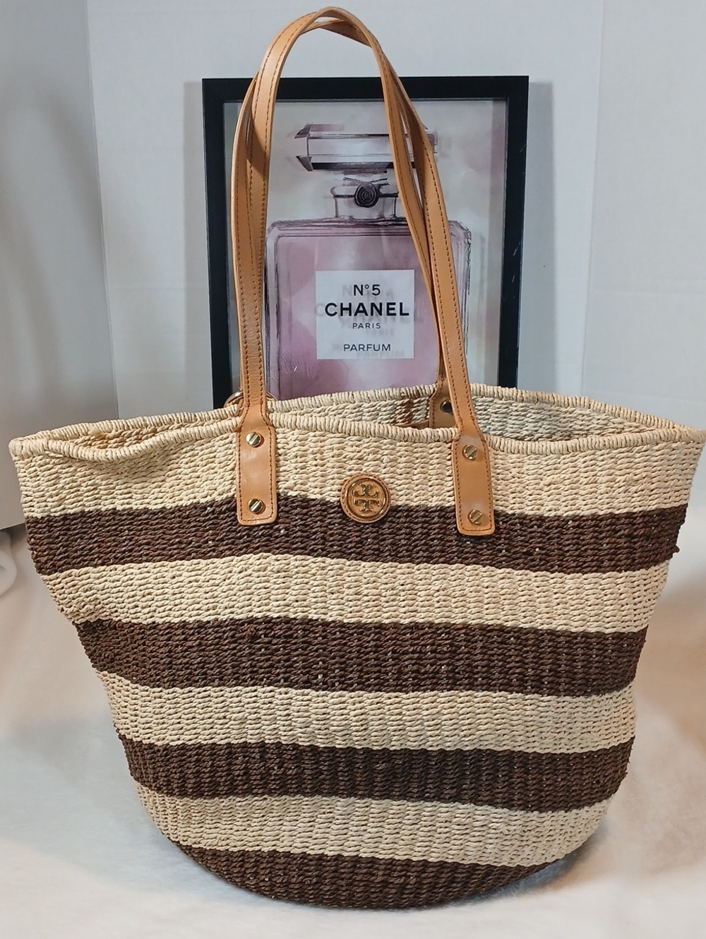 Tory Burch Striped Straw Tote with Tan Leather Handles